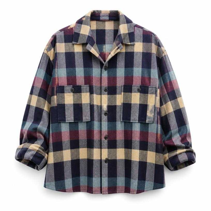 Generated item image of oversized muted multicolor button-front woven fabric plaid overshirt