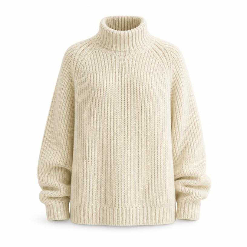 Generated item image of oversized cream ribbed high neck chunky knit turtleneck sweater
