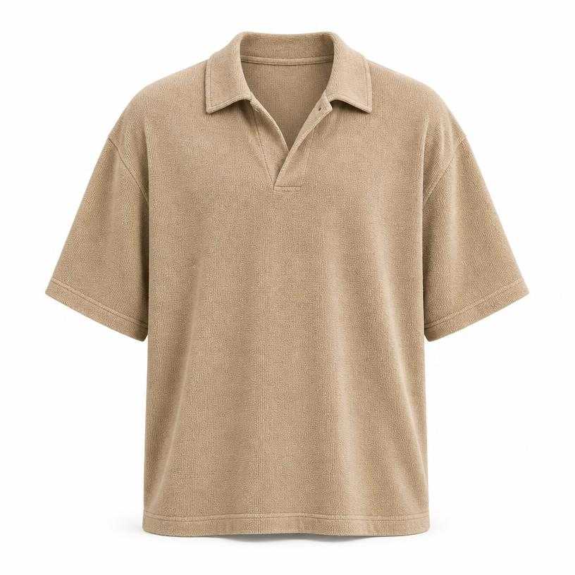 Generated item image of relaxed beige tan open collar knit polo shirt