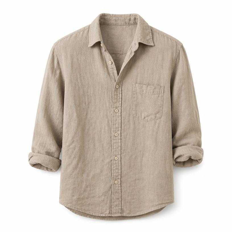 Generated item image of relaxed warm grey beige open collar linen-like woven fabric button-up shirt