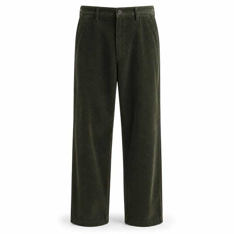 Generated item image of relaxed dark olive green straight leg cotton corduroy trousers