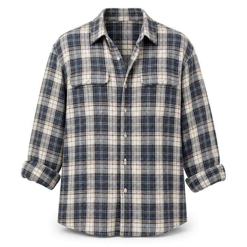 Generated item image of relaxed muted blue white grey beige rolled sleeves woven cotton-like fabric plaid button-up shirt