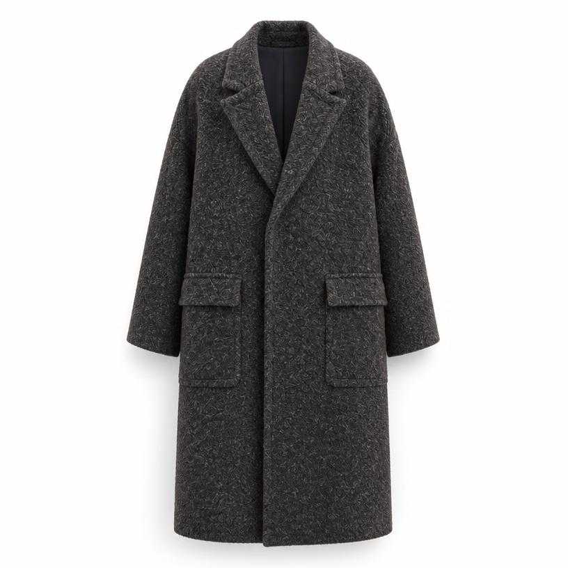 Generated item image of oversized dark grey below-knee wool blend overcoat