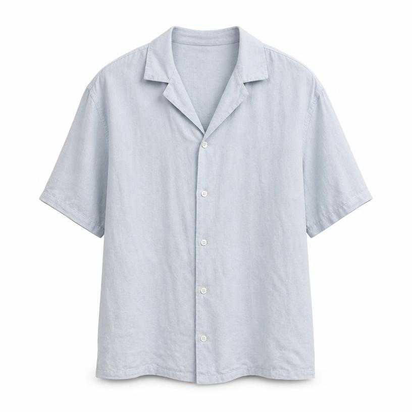 Generated item image of relaxed pale blue open collar lightweight woven fabric button-up shirt