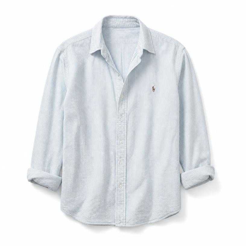 Generated item image of relaxed pale blue and white vertical stripe woven cotton button-up shirt