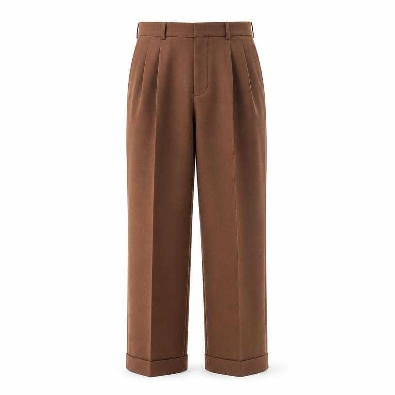 Generated item image of relaxed warm medium brown pleated smooth woven suiting fabric trousers