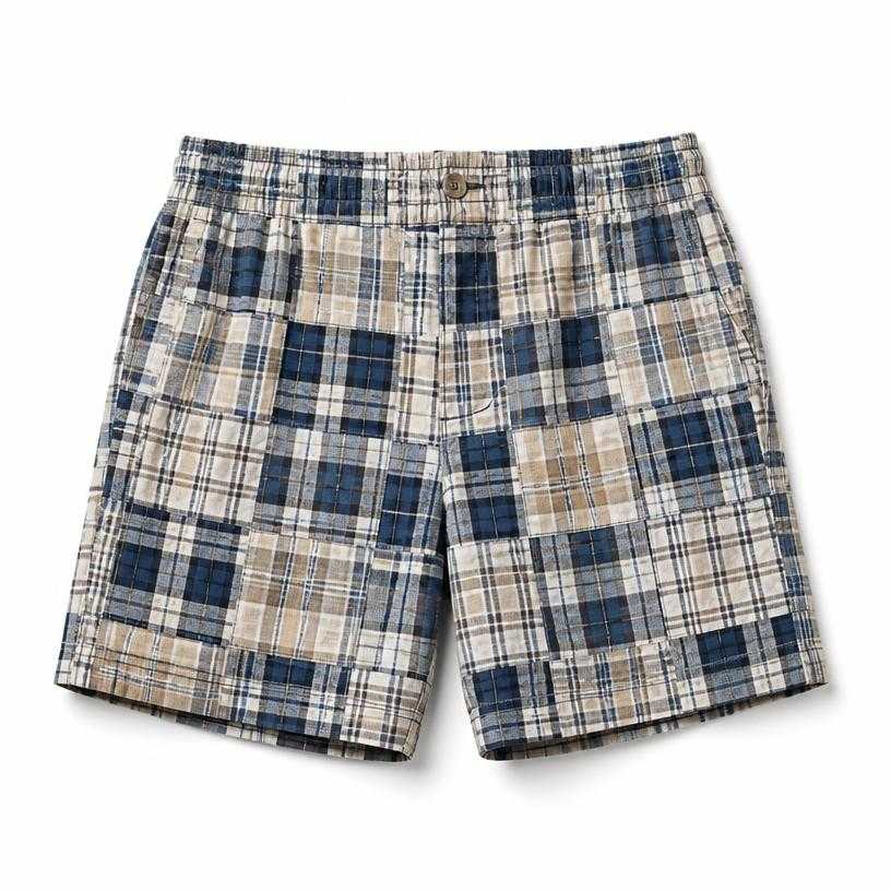 Generated item image of relaxed blue white beige patchwork plaid woven cotton shorts