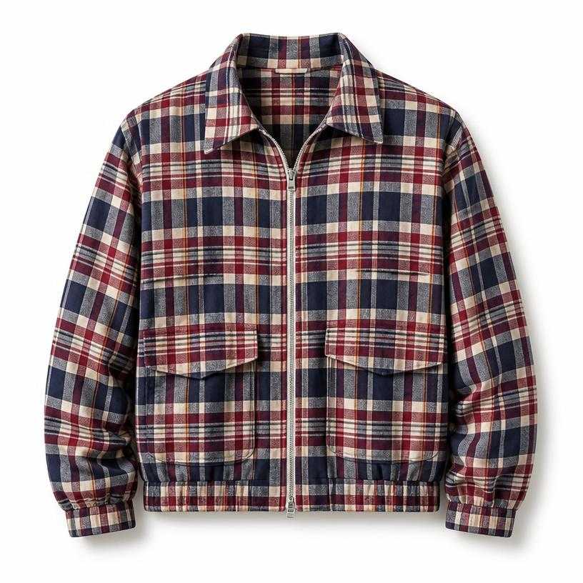Generated item image of relaxed red navy white beige zip-front plaid jacket