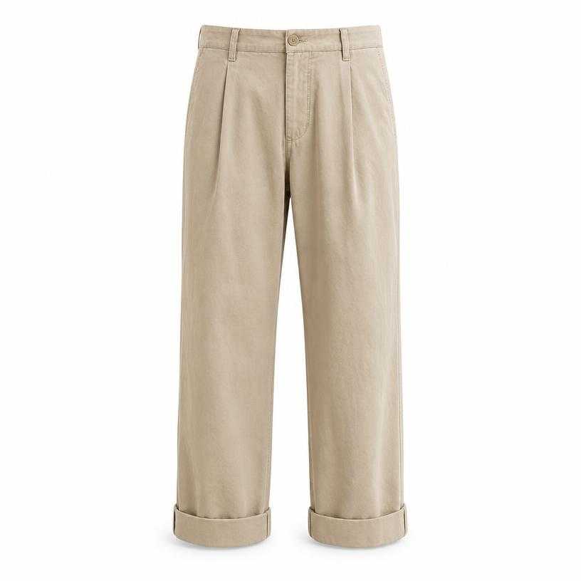 Generated item image of relaxed beige rolled cuffs lightweight woven fabric trousers