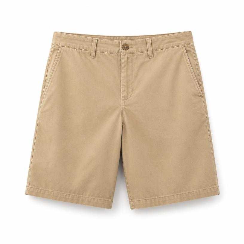 Generated item image of relaxed tan beige knee-length cotton twill shorts