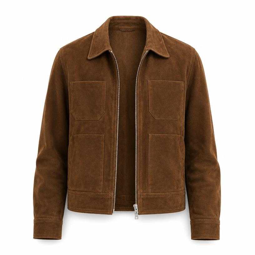 Generated item image of relaxed medium warm brown zip-front suede jacket