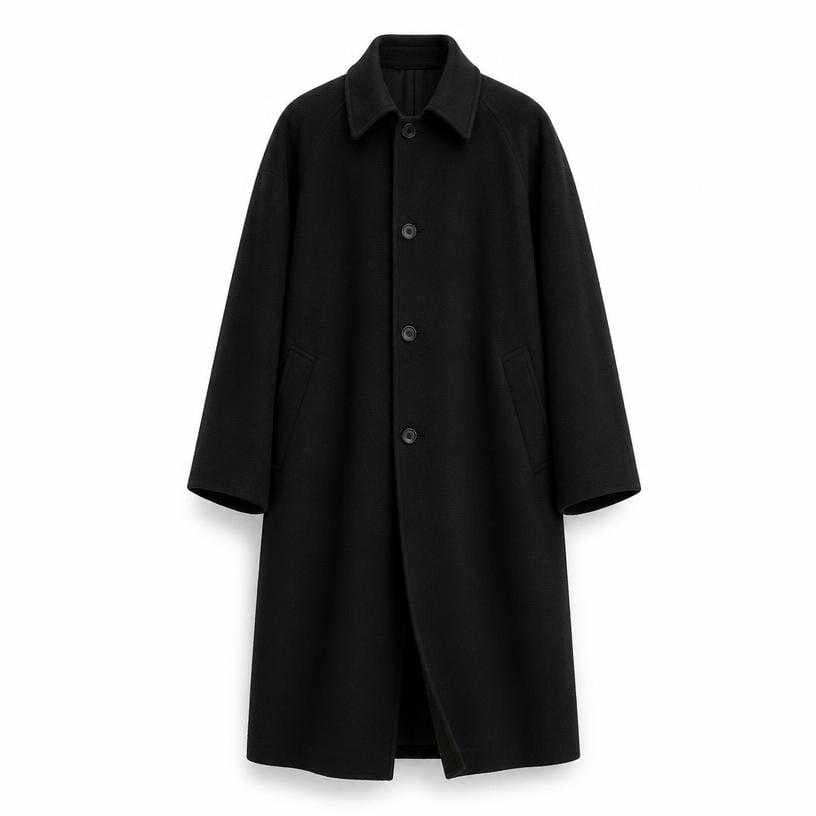 Generated item image of oversized black long length wool-like coating overcoat