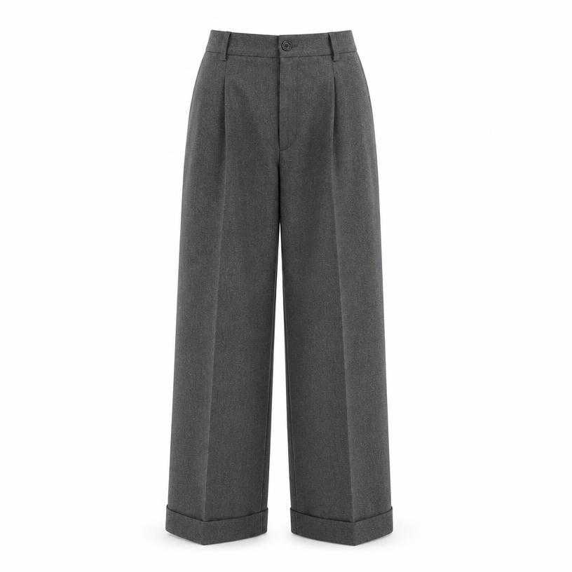Generated item image of relaxed grey wide leg wool-like suiting fabric trousers