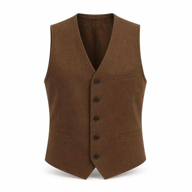 Generated item image of relaxed medium warm brown button front woven suiting fabric waistcoat