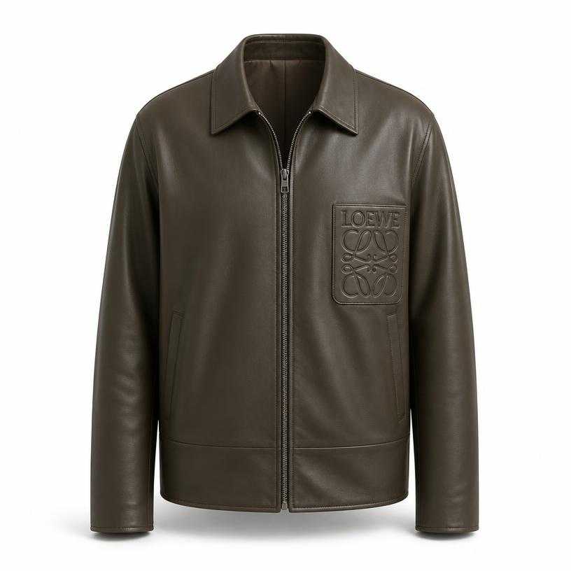 Generated item image of relaxed dark olive green zip-front smooth leather jacket
