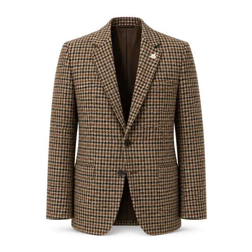 Generated item image of relaxed brown cream houndstooth woven tweed blazer