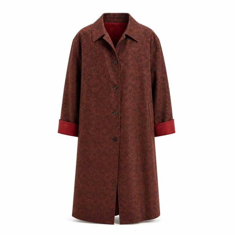 Generated item image of relaxed rust brown single-breasted patterned woven fabric long coat