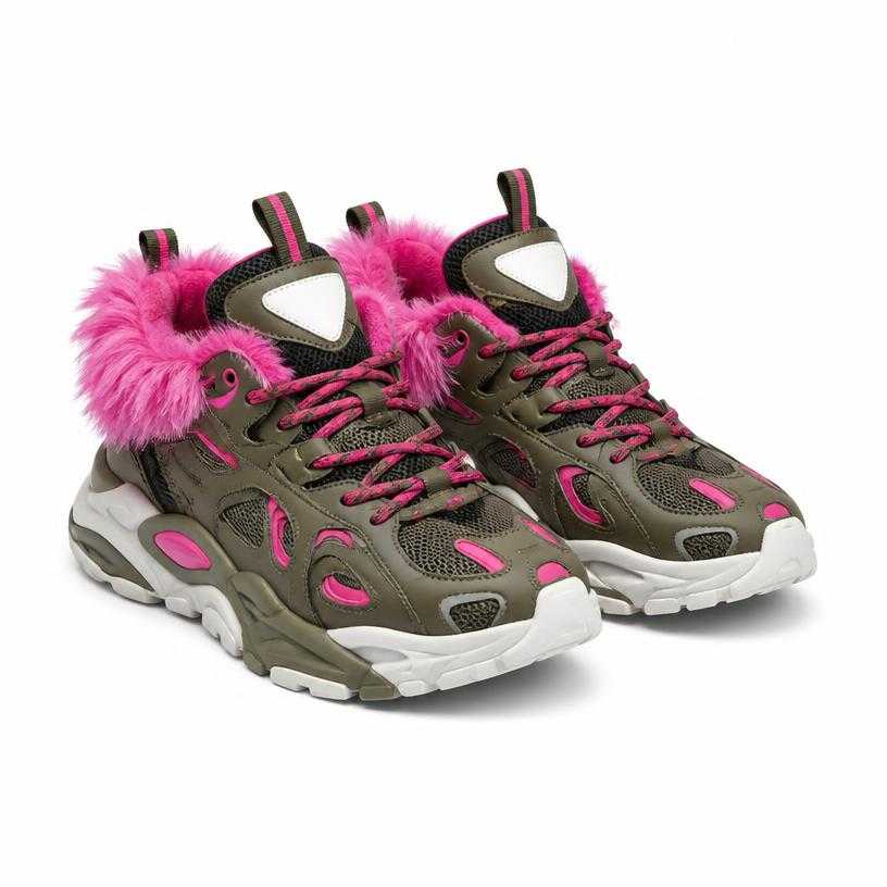 Generated item image of olive grey chunky running mixed mesh and synthetic panels sneakers