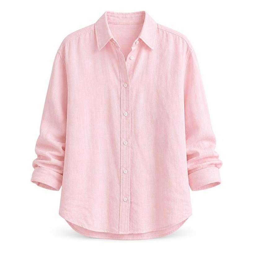 Generated item image of relaxed pale pink collared linen-like fabric button-up shirt