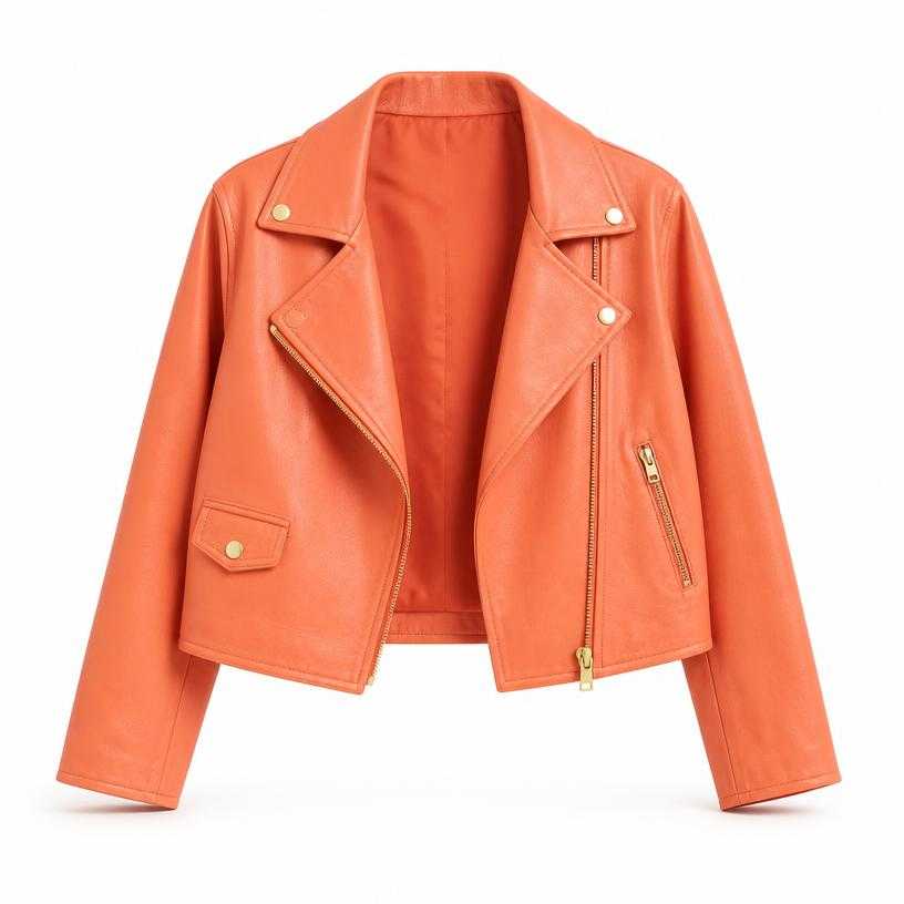Generated item image of relaxed coral orange moto-style leather-like jacket