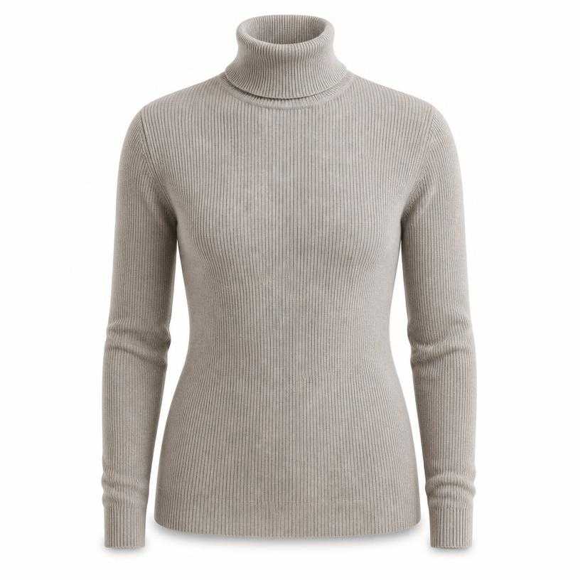 Generated item image of fitted taupe grey ribbed knit roll-neck sweater