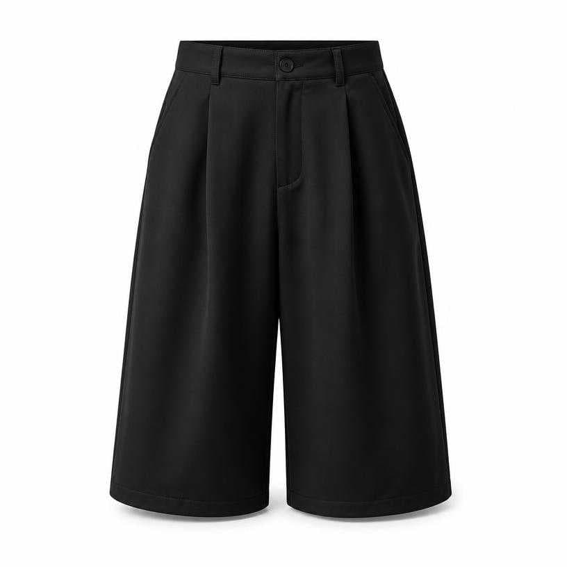 Generated item image of relaxed black wide leg smooth woven fabric shorts