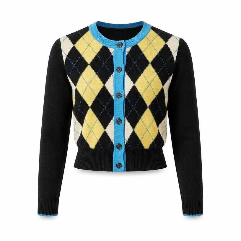 Generated item image of fitted black cropped argyle knit cardigan