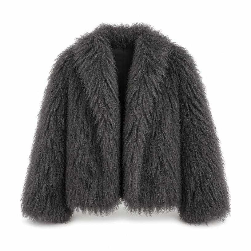 Generated item image of oversized charcoal grey shaggy faux-fur jacket