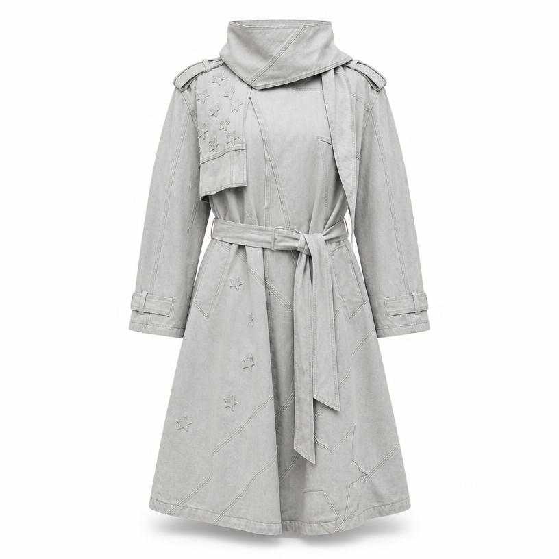 Generated item image of oversized pale grey belted washed structured fabric trench coat