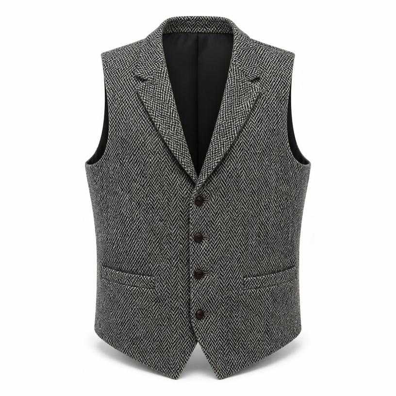Generated item image of relaxed grey black button front herringbone wool tweed tailored vest