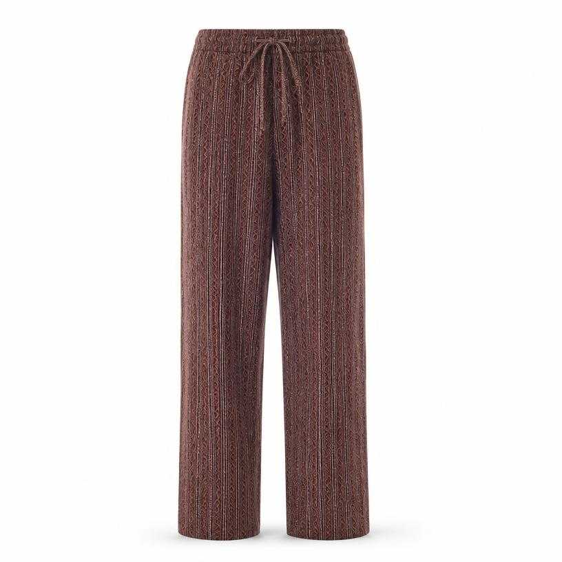 Generated item image of relaxed burgundy brown straight leg patterned woven fabric trousers