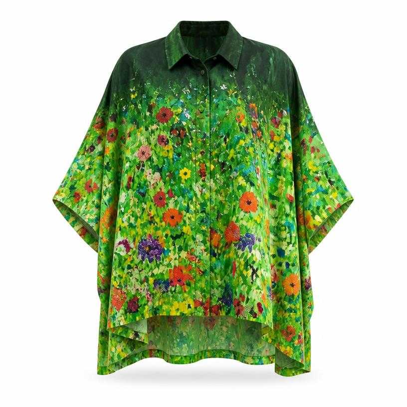 Generated item image of oversized green multicolor floral print lightweight draped fabric short-sleeve top