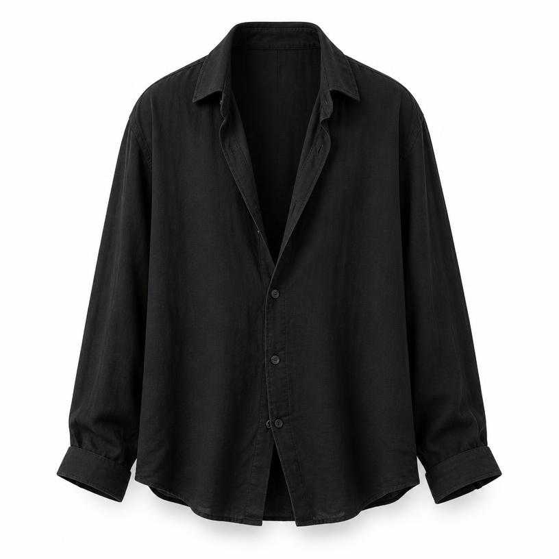 Generated item image of relaxed black deep neckline lightweight woven fabric button-up shirt