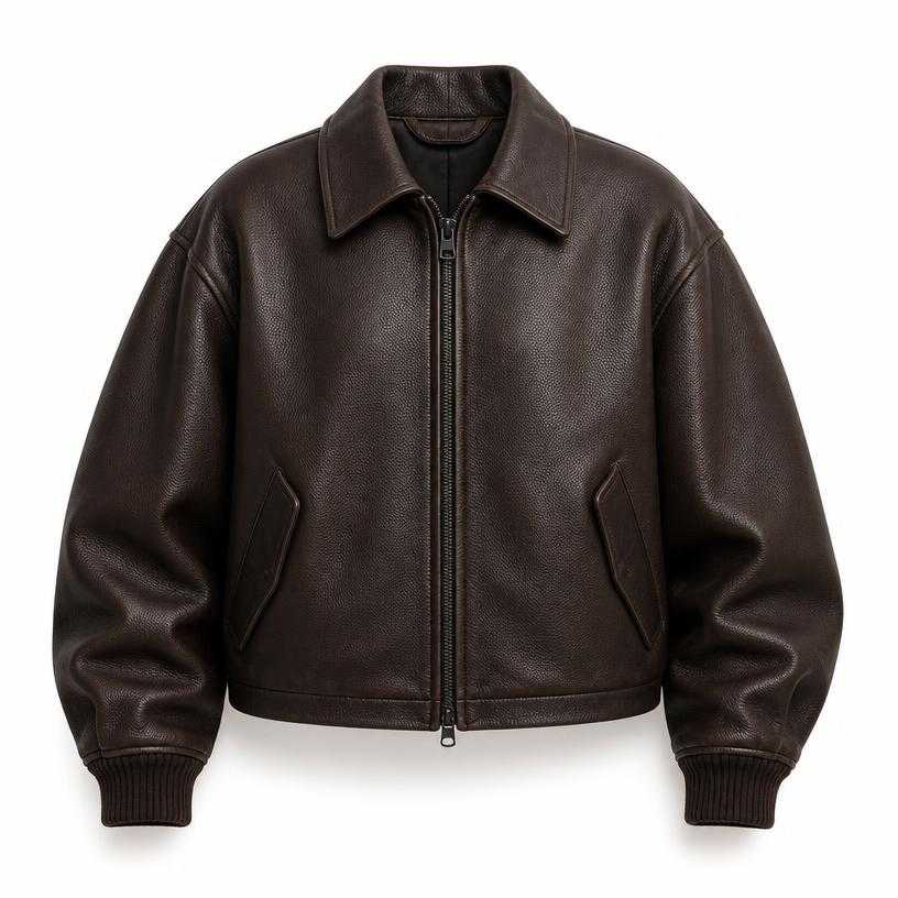 Generated item image of oversized dark brown cropped pebbled leather blouson jacket