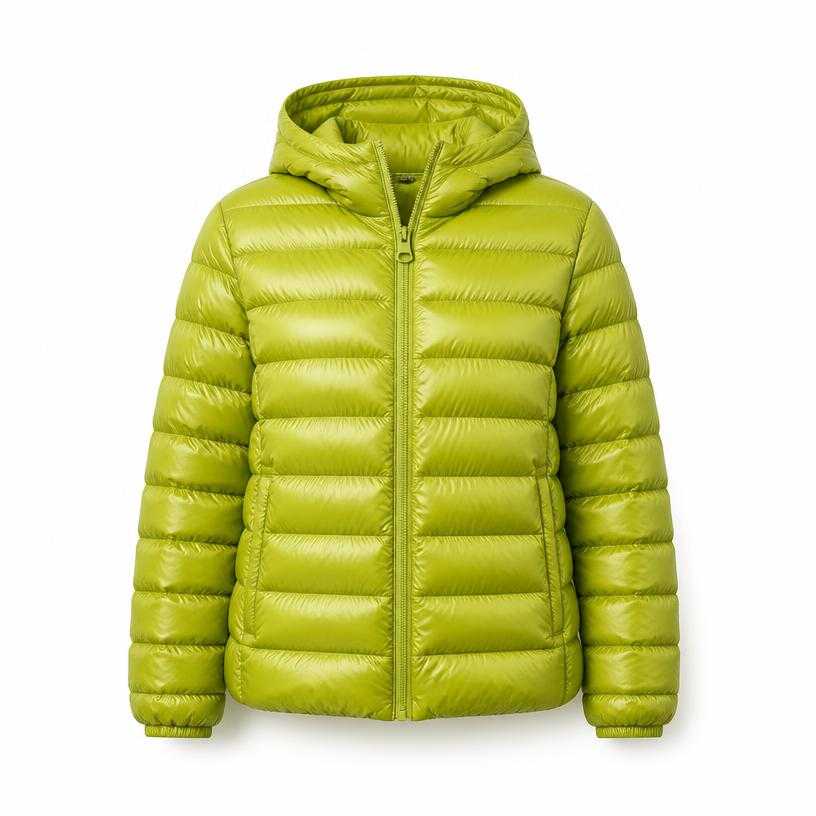 Generated item image of relaxed lime green hooded quilted nylon puffer jacket