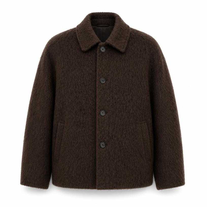 Generated item image of relaxed dark chocolate brown button-front brushed wool-like textile jacket