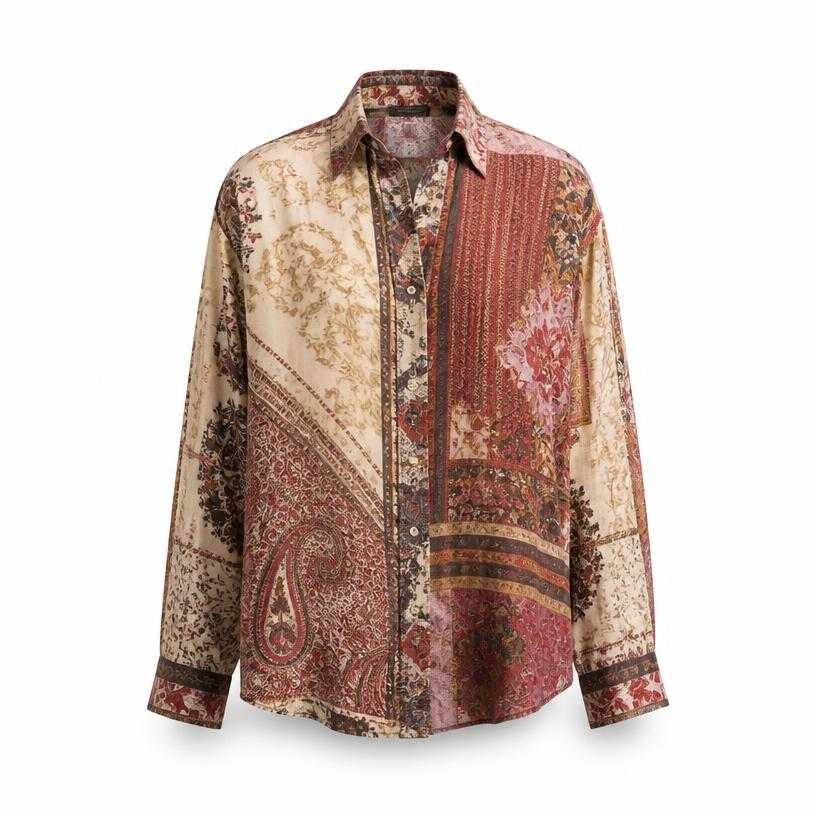 Generated item image of relaxed cream red brown button-front lightweight woven fabric printed shirt