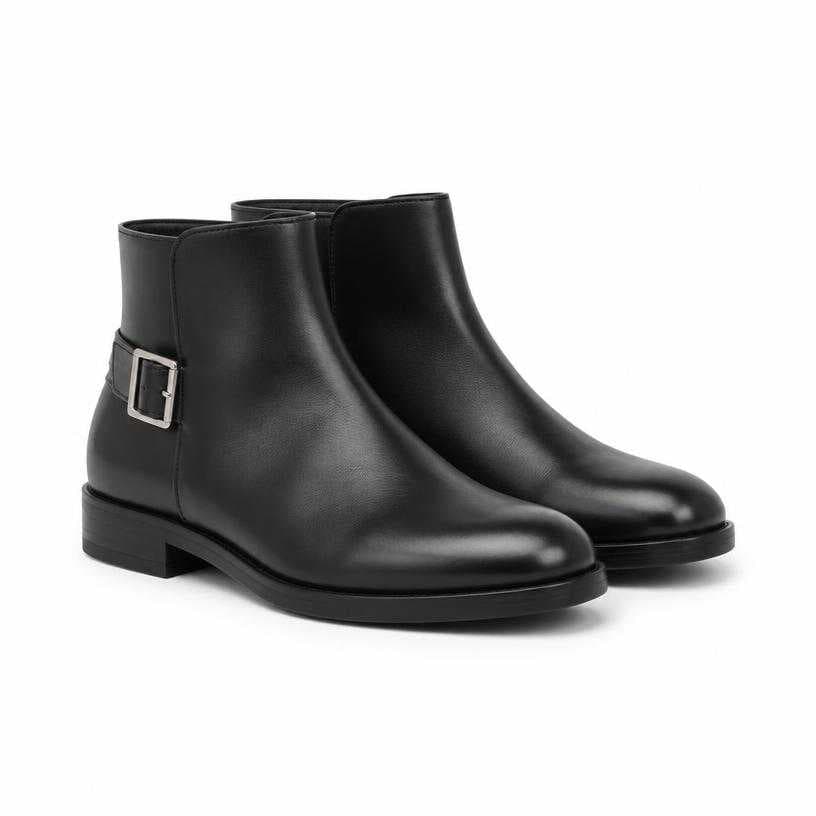 Generated item image of black rounded toe smooth leather ankle boots