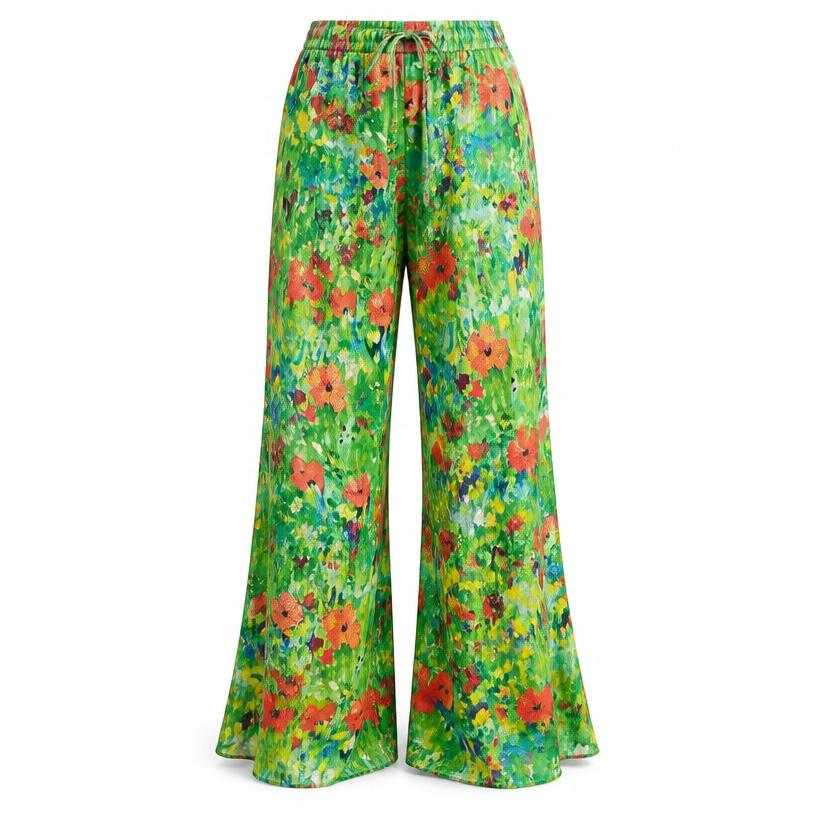 Generated item image of relaxed green multicolor flared leg lightweight draped fabric trousers