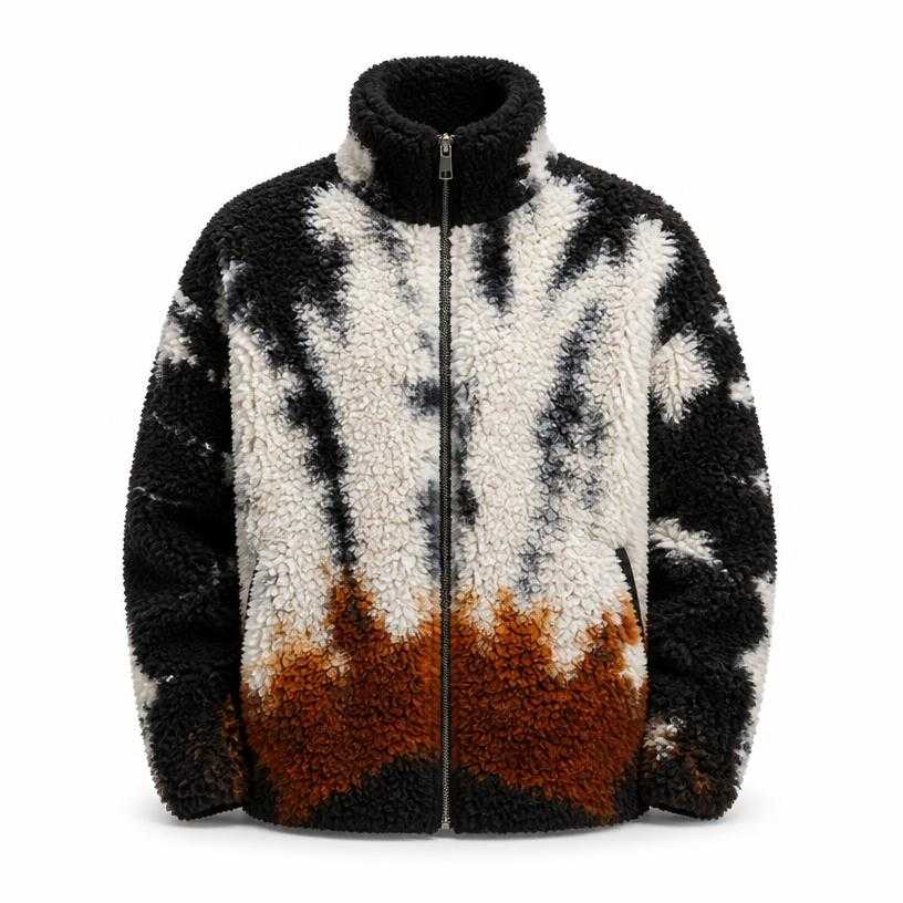 Generated item image of relaxed black white rust brown high collar fleece textured zip jacket