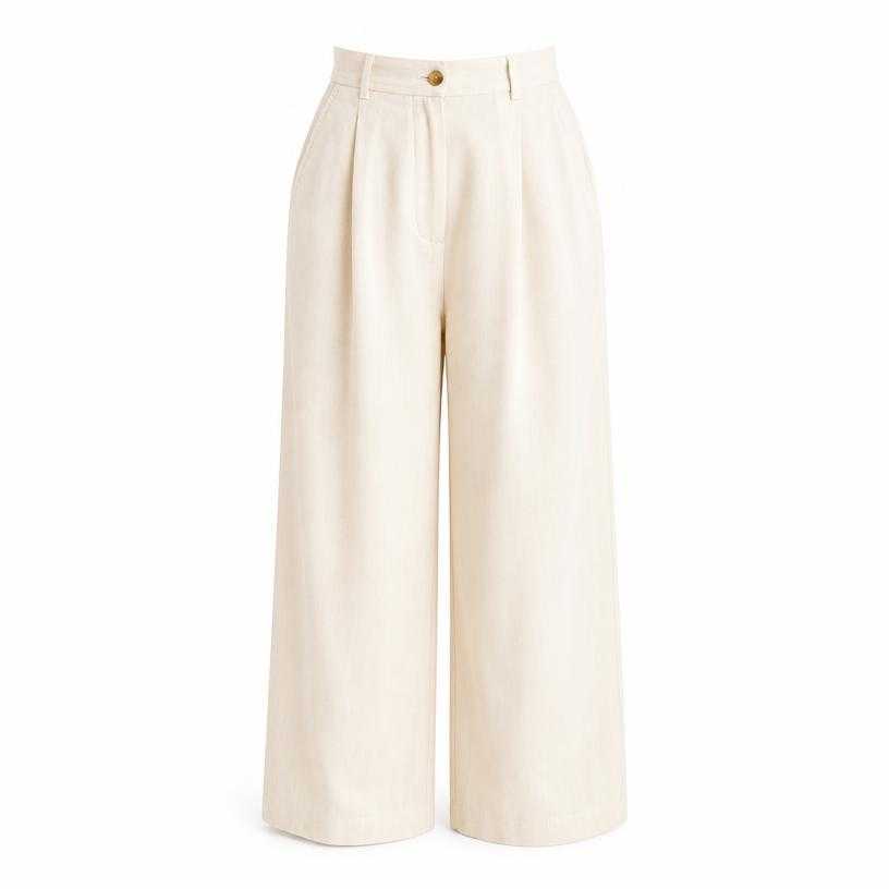Generated item image of relaxed cream high-waisted woven fabric pleated trousers