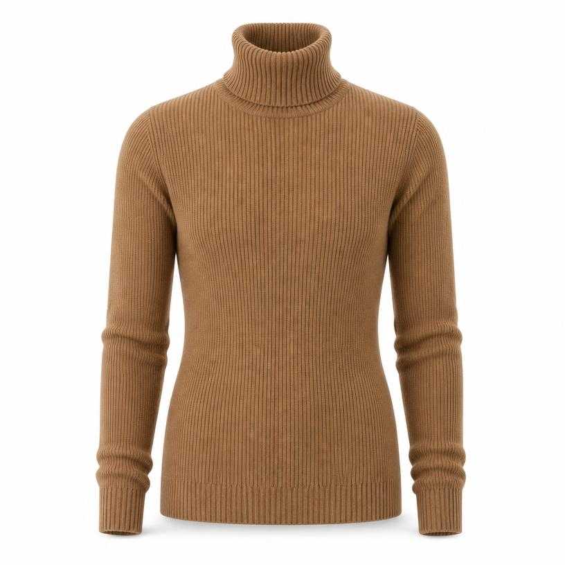 Generated item image of fitted camel brown ribbed knit turtleneck sweater