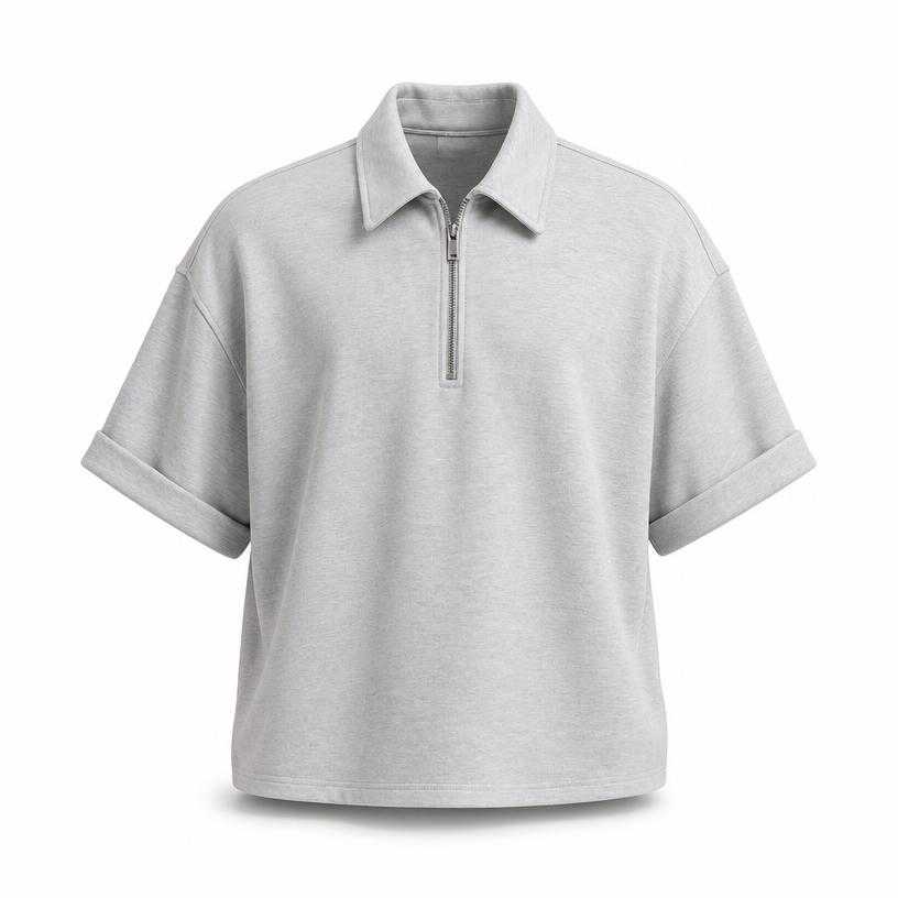 Generated item image of oversized pale grey short-sleeve collared zip shirt