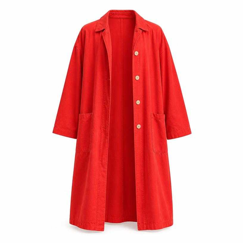 Generated item image of oversized bright red open front woven cotton-like fabric long coat