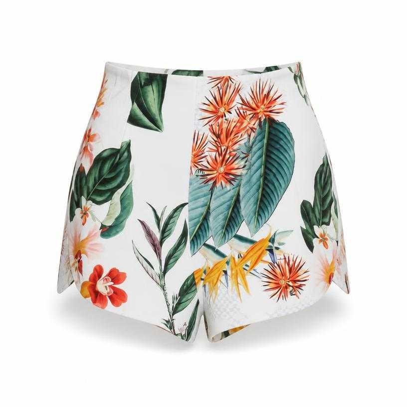 Generated item image of fitted white multicolor tropical print woven shorts