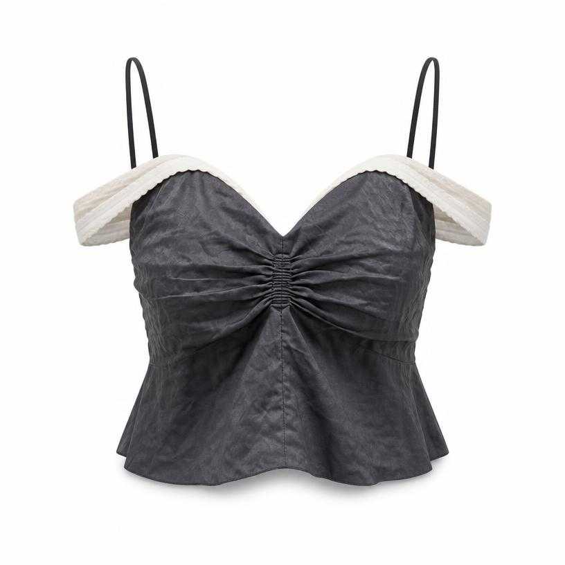 Generated item image of fitted charcoal grey cropped crinkled woven fabric bustier top