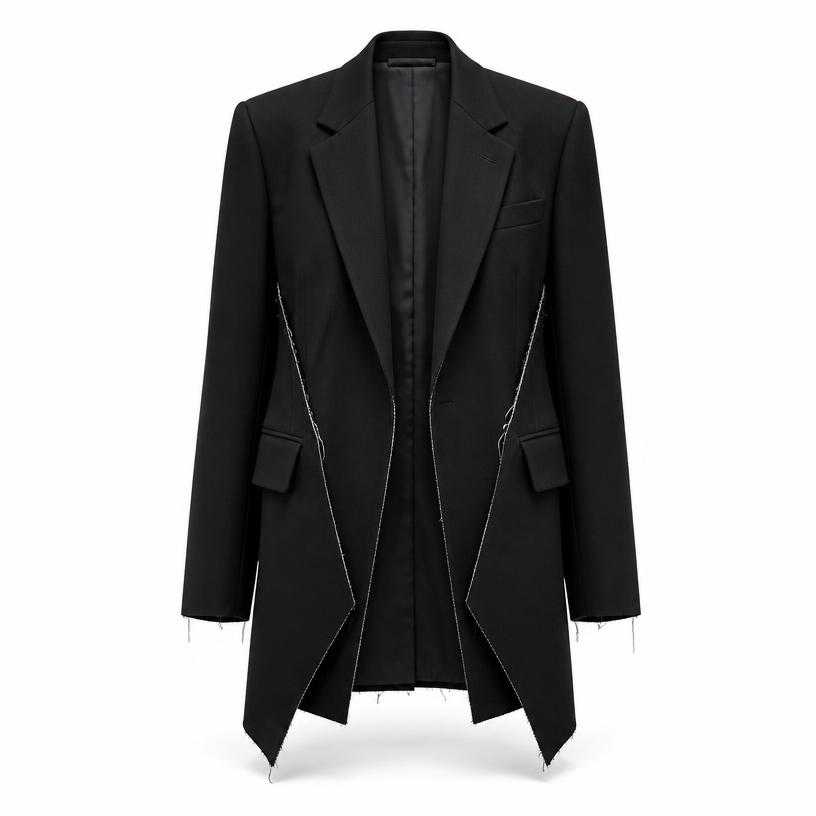 Generated item image of relaxed black longline woven suiting fabric tailored jacket