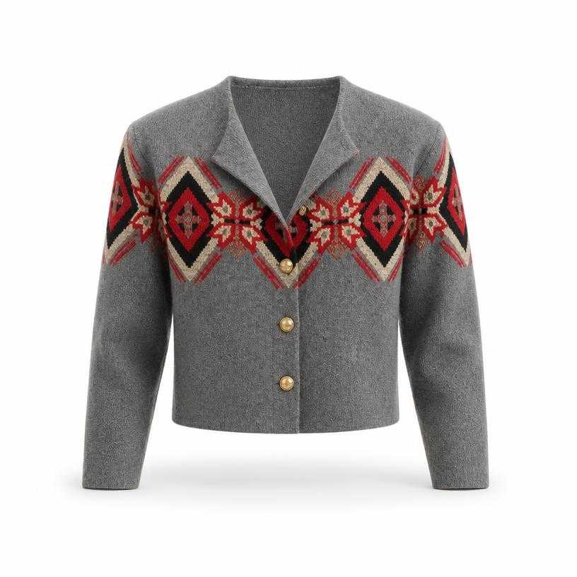 Generated item image of relaxed grey cropped embroidered knit cardigan