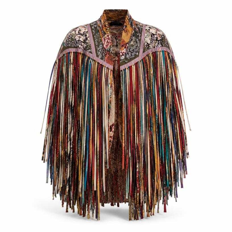 Generated item image of oversized multicolor cape-like mixed textile strips fringed outer layer