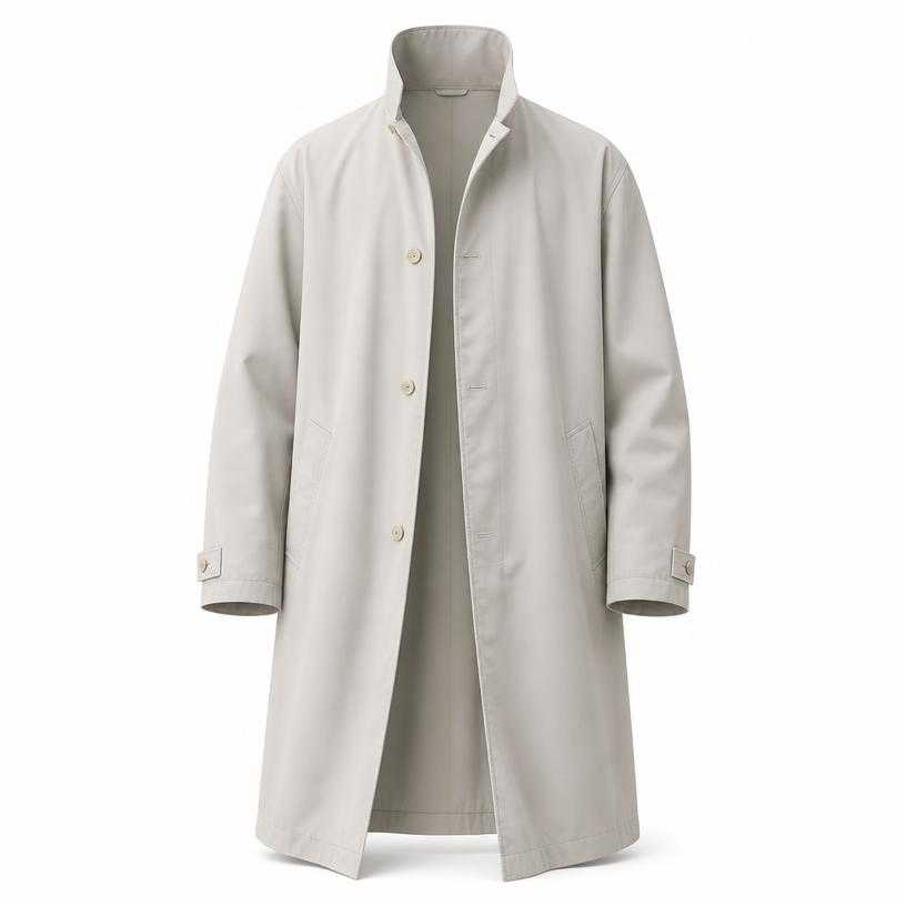 Generated item image of relaxed light cream grey stand collar smooth woven fabric long coat
